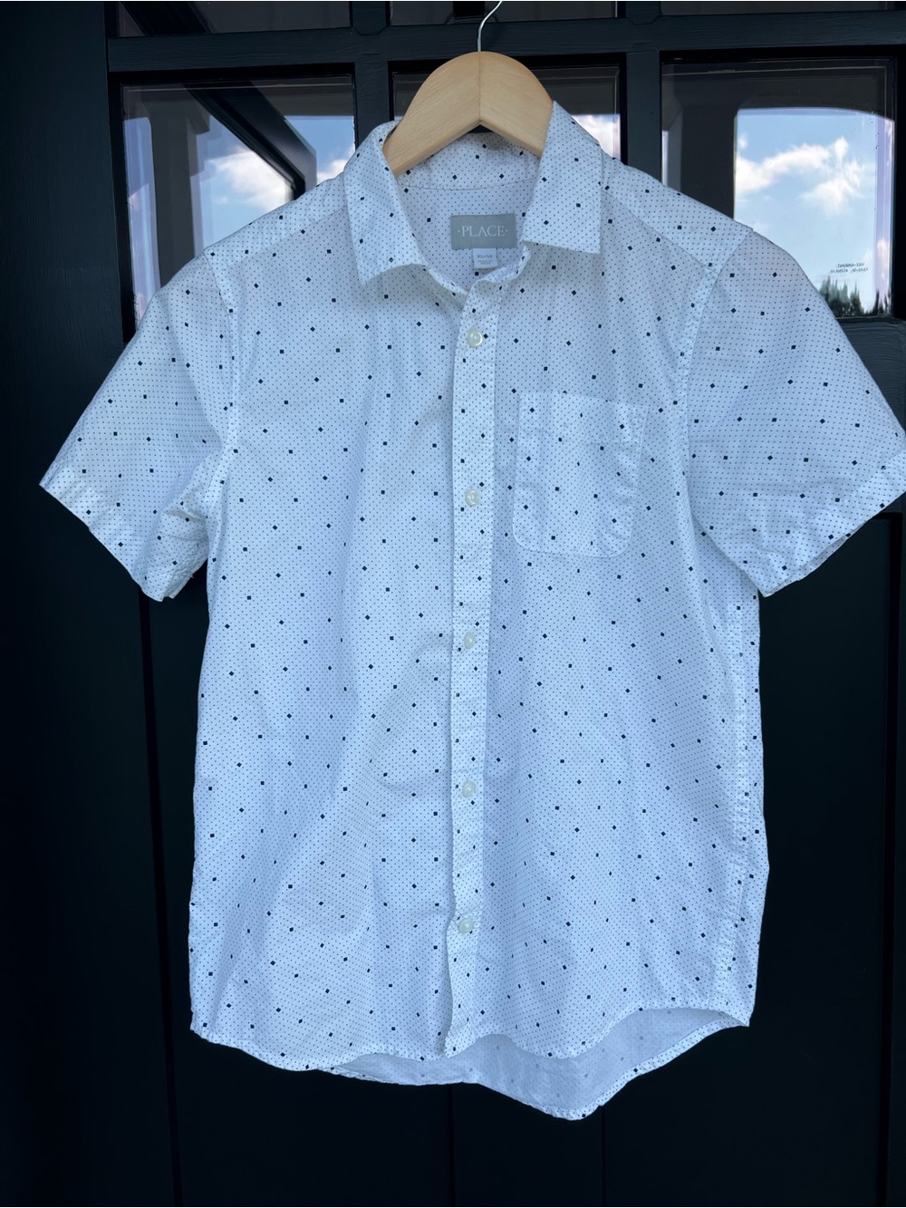 Place White Short-Sleeve Button-Down Shirt with Navy Dot Print Boys XL 14